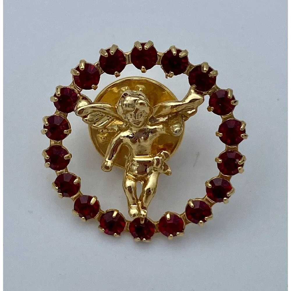 VTG Ballou Reg’d Guardian Angel/Cherub Gold Tone & Red Rhinestone Lapel Tack Pin